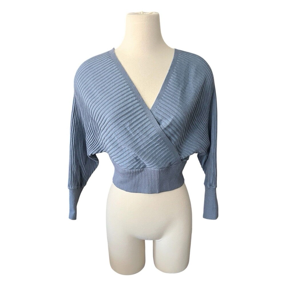Simplee Dusty Blue Surplice Cross Wrap Cropped Sweater Top Small V-Neck Soft